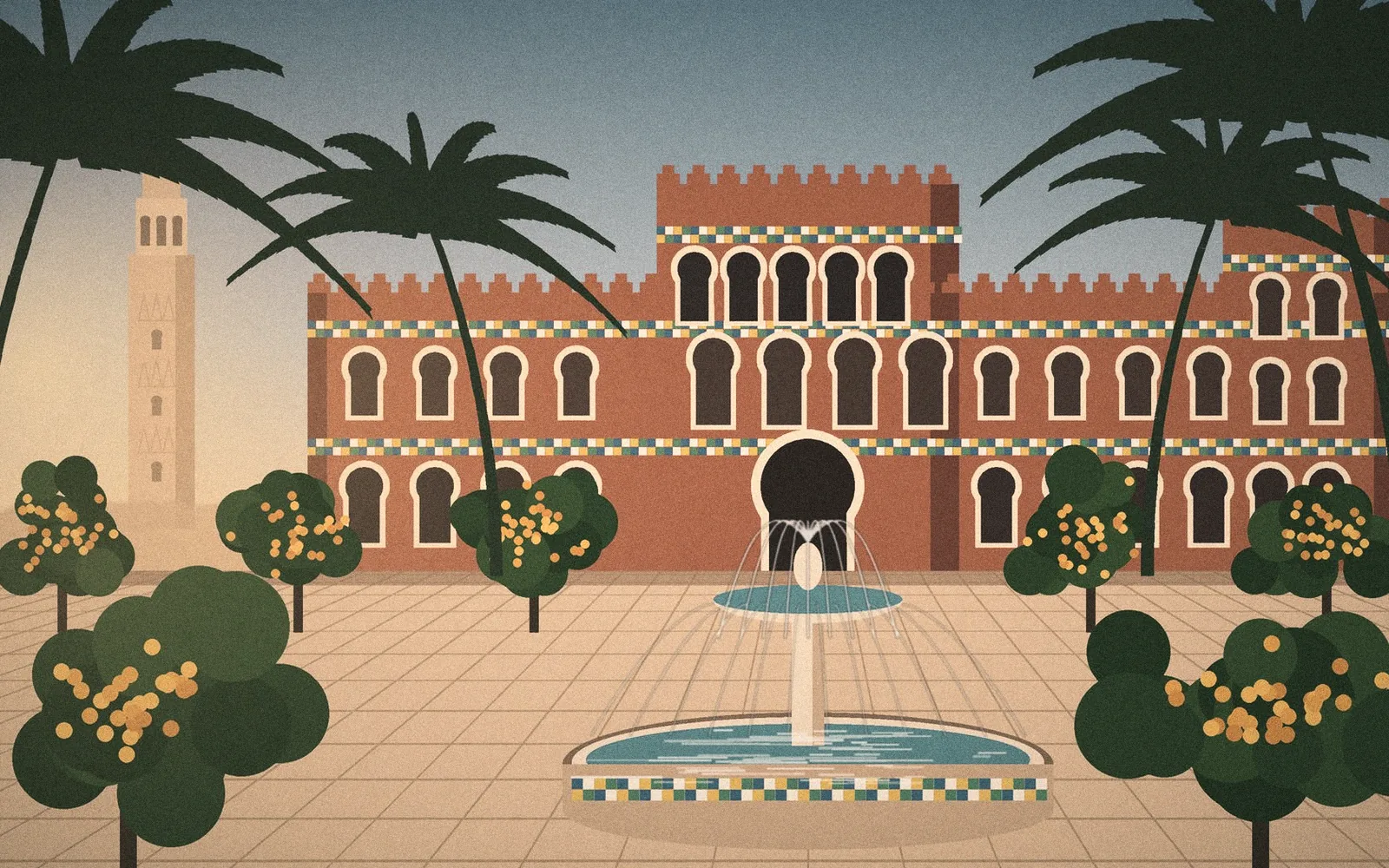 Illustration: Tiled arches and palms at Hotel Alfonso XIII in Seville, late in the day